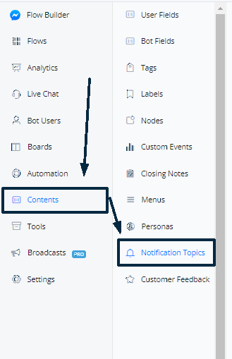 Sección Tema de notificación en Contenidos
