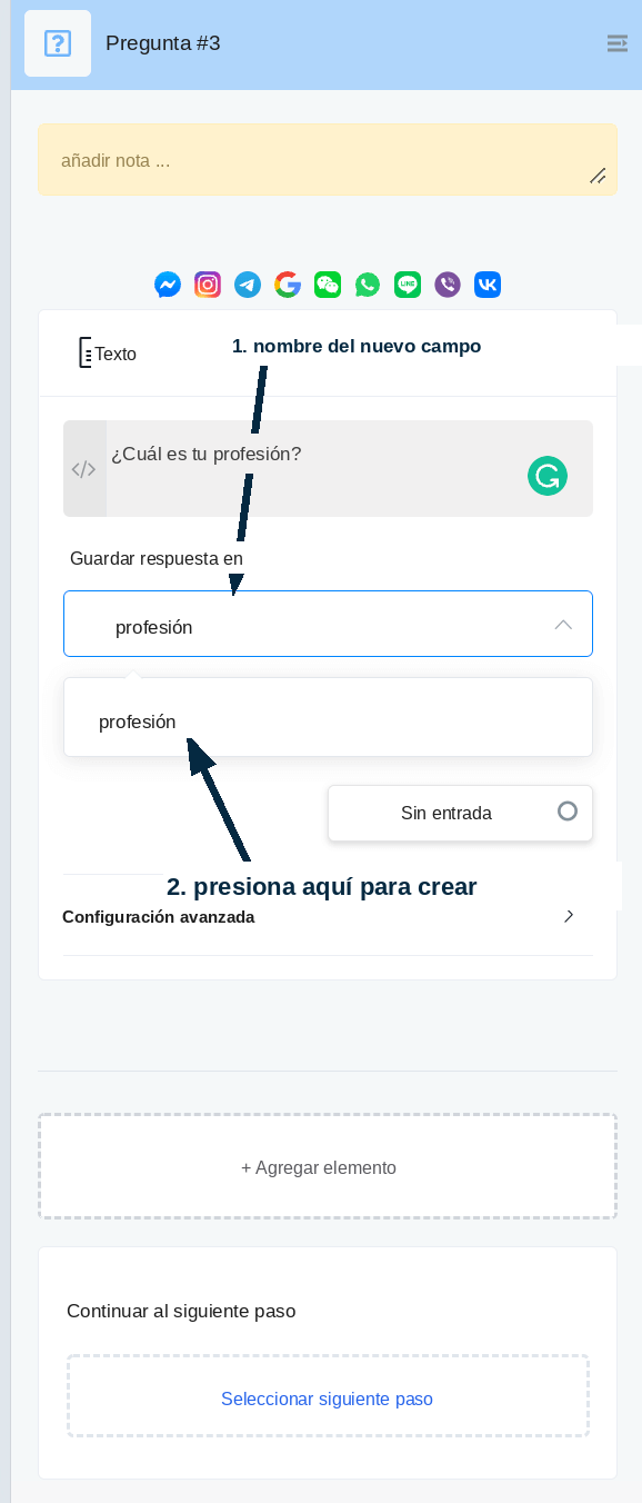 Creación de un campo de usuario dentro de un bloque de Pregunta