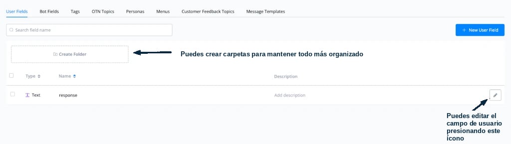 Overview de campos de usuario con carpetas