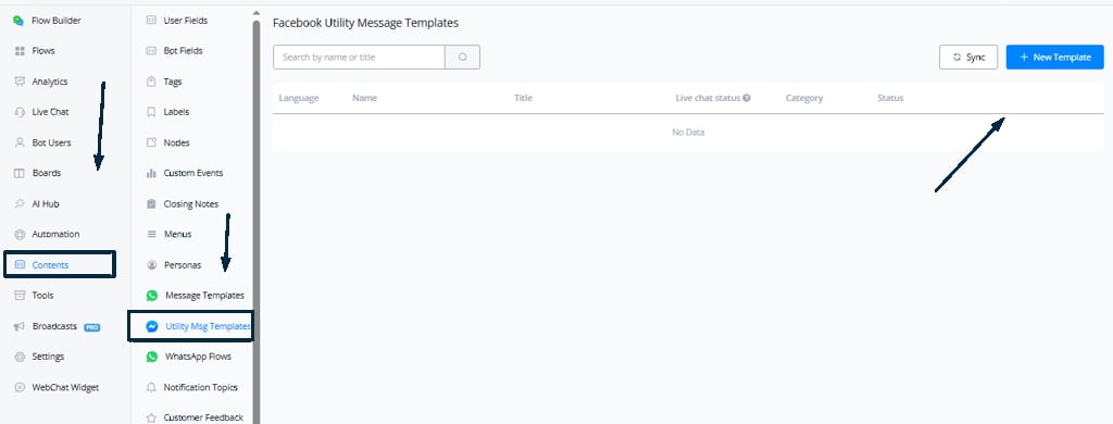 Sección Utility Message Templates en Contenidos