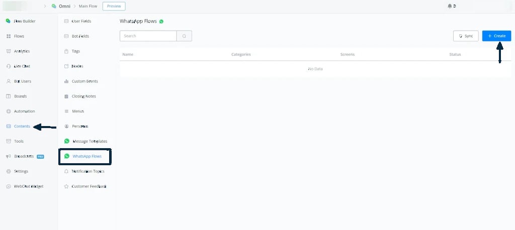 Sección WhatsApp Flow en Contenidos