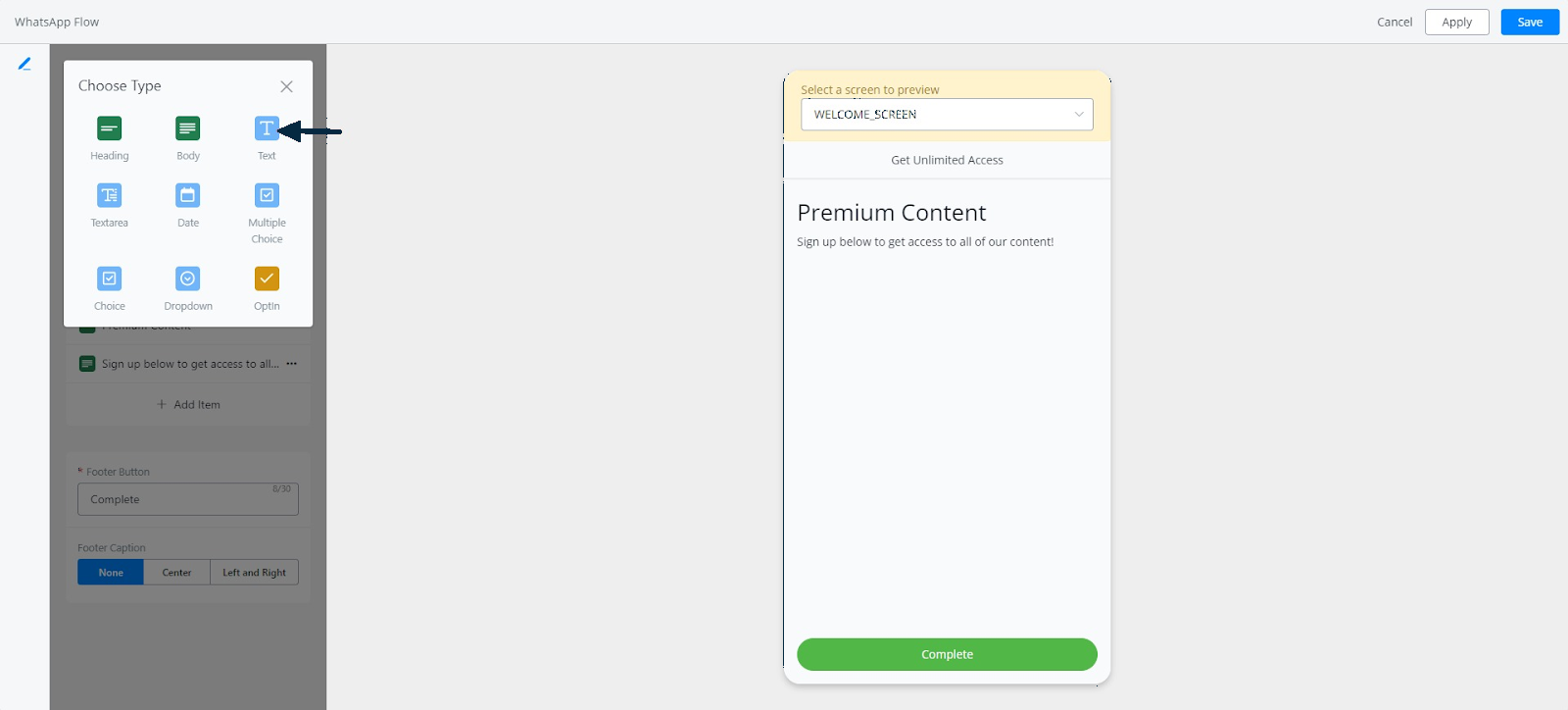 Editor del WhatsApp Flow: pantallas y elementos interactivos