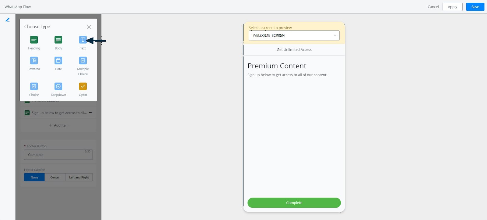 Editor del WhatsApp Flow: pantallas y elementos interactivos