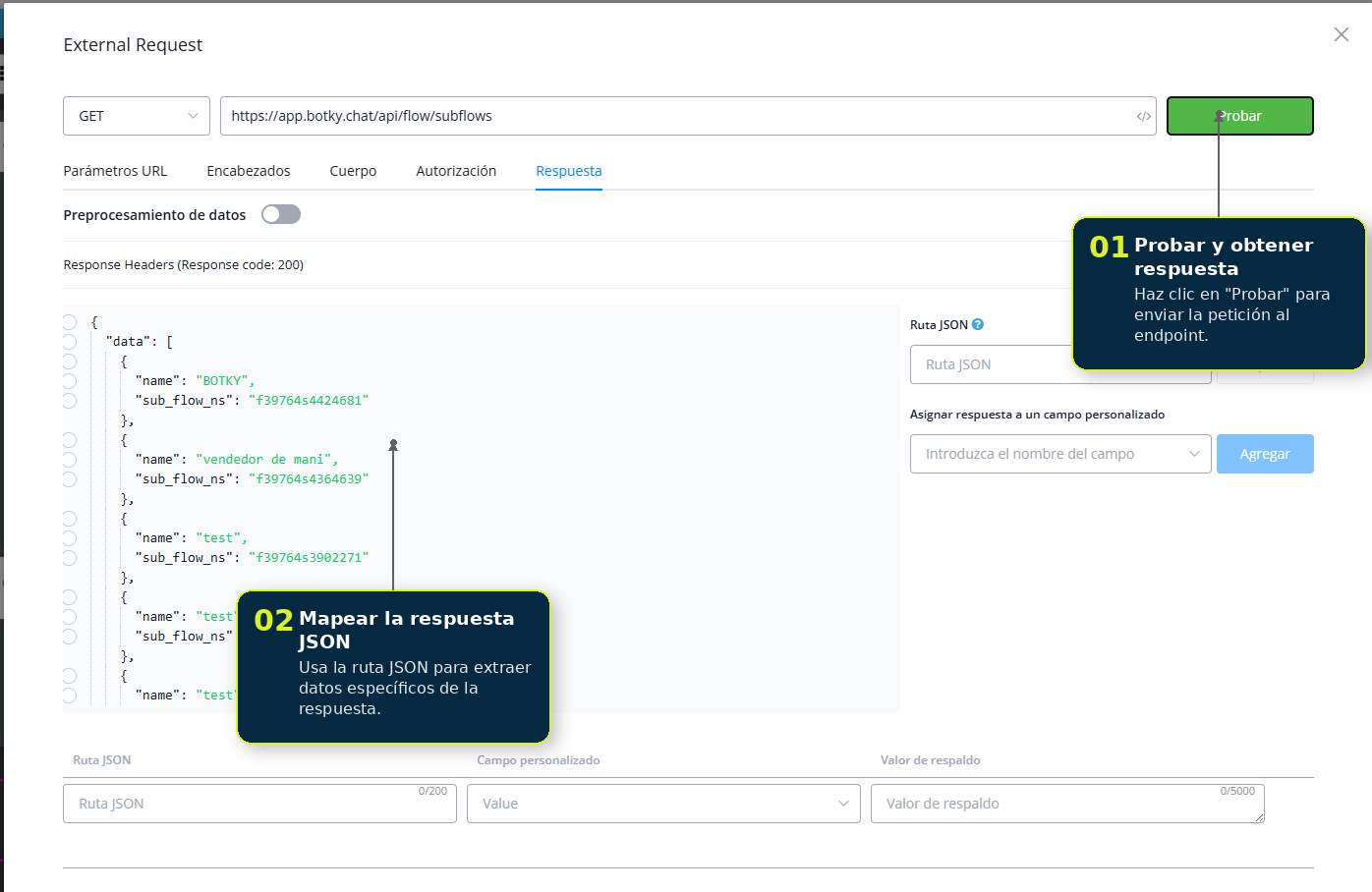 Respuesta de la petición con código de estado y mapeo de JSON path