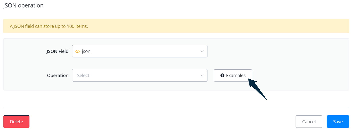 Botón de ejemplos dentro de una operación JSON