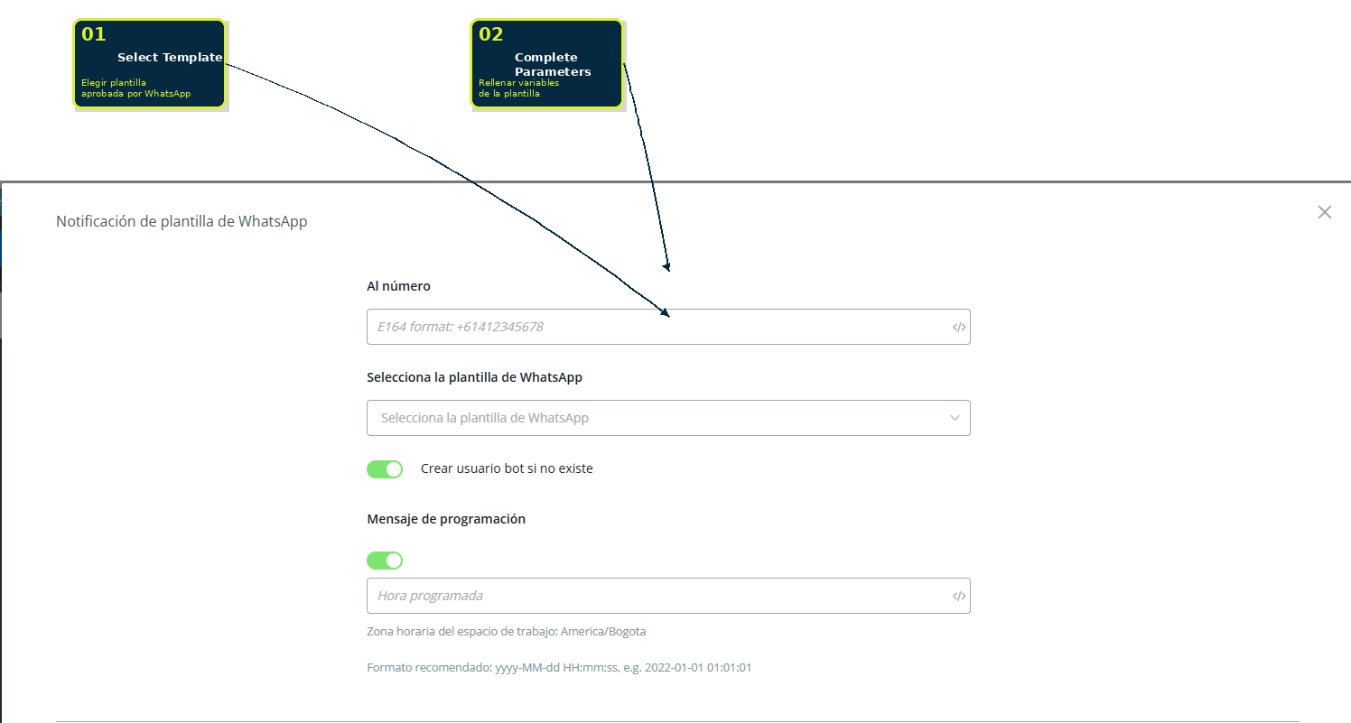 Configuración de una notificación con Plantilla de WhatsApp y sus parámetros