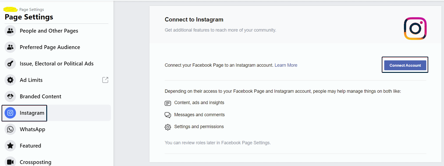 Conectar la cuenta de Instagram desde Facebook