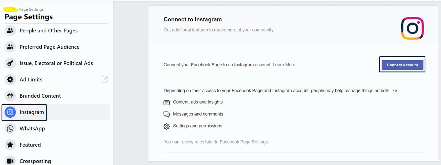 Conectar la cuenta de Instagram desde Facebook