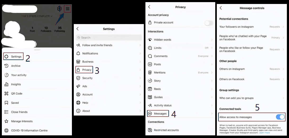 Permitir acceso a los mensajes en Instagram