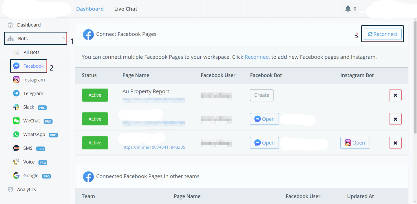 Reconnect desde la sección Facebook