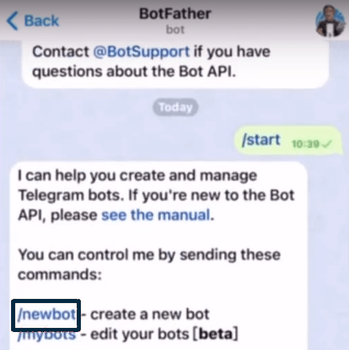 Iniciar conversación con BotFather