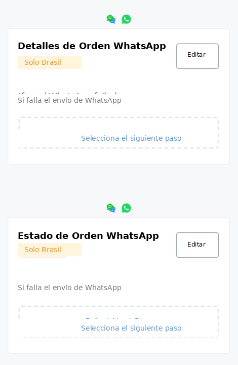 Los dos pasos en el Constructor de Flujos, cada uno con rama 'If send WhatsApp failed'