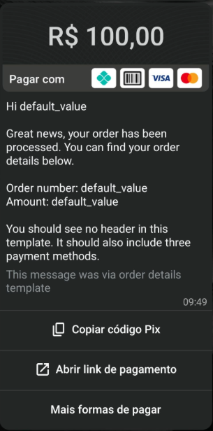 Ejemplo del mensaje Order Details con opciones de pago