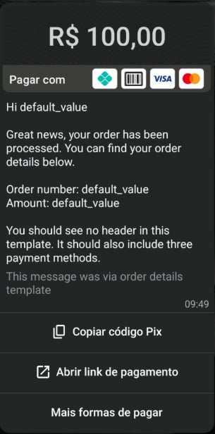 Ejemplo del mensaje Order Details con opciones de pago