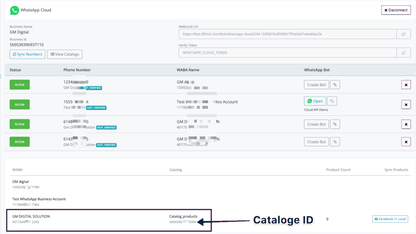 Catalog ID conectado con la WABA