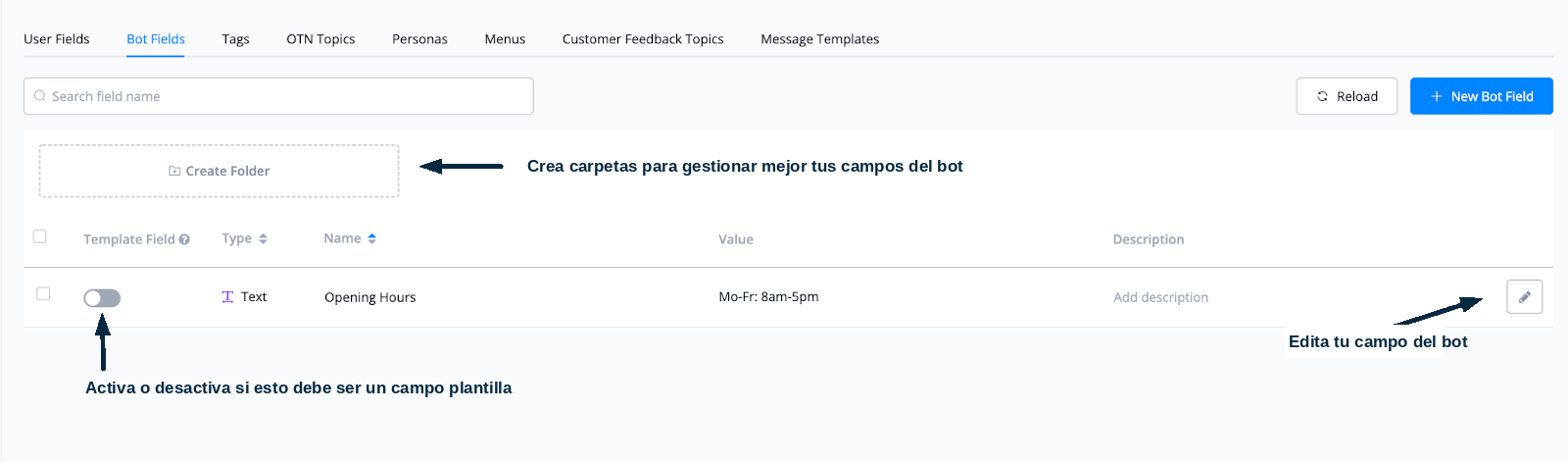 Overview de campos de bot