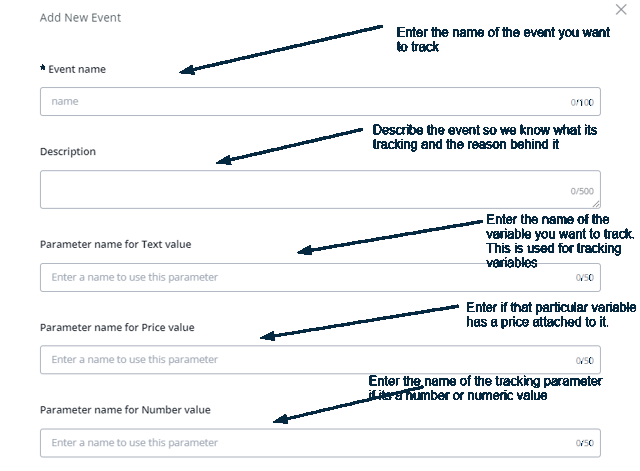 Configuración del nombre, descripción y parámetros del evento