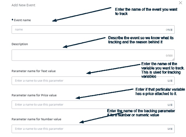 Configuración del nombre, descripción y parámetros del evento