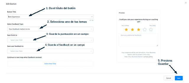 Bloque Customer Feedback en Enviar mensaje