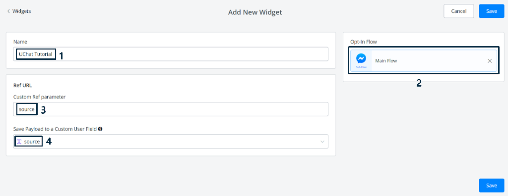 Configuración del widget Messenger Ref URL