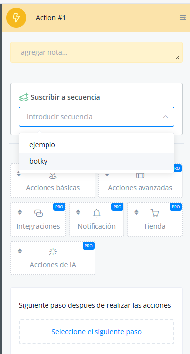 Selección de la secuencia a la que suscribir al usuario