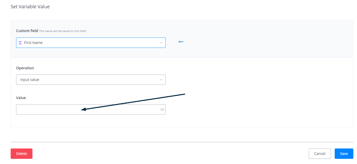 Configuración de 'Definir valor de variable': campo, origen del valor y tipo