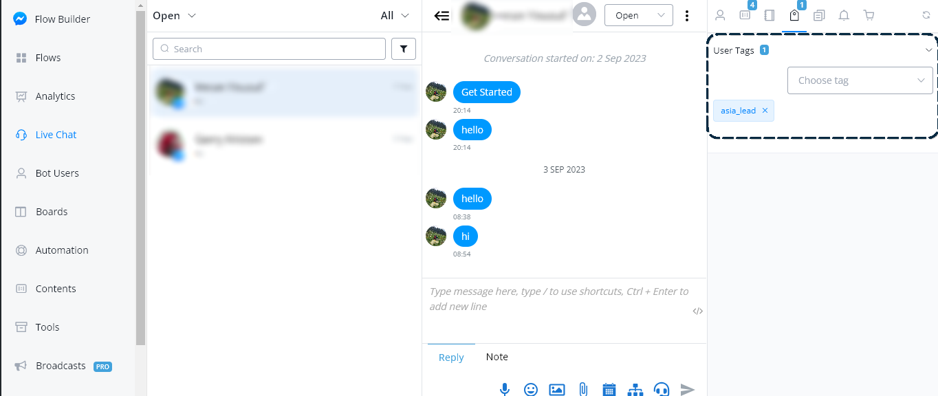 Etiquetas del usuario visibles y editables desde Chat en vivo