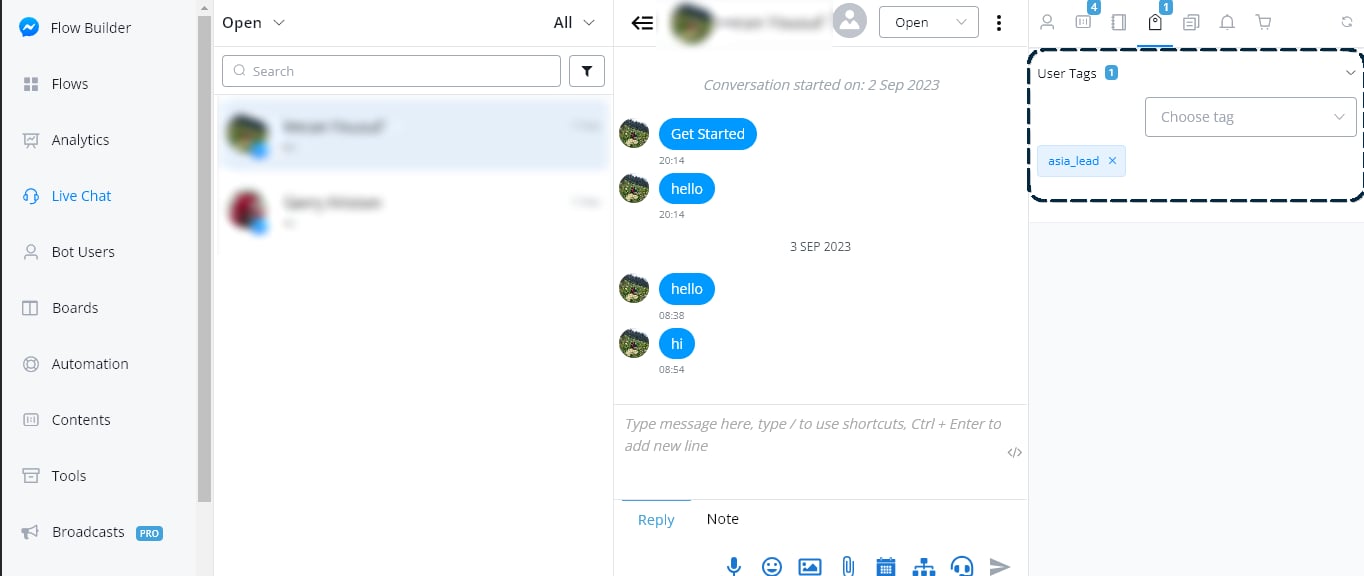 Etiquetas del usuario visibles y editables desde Chat en vivo