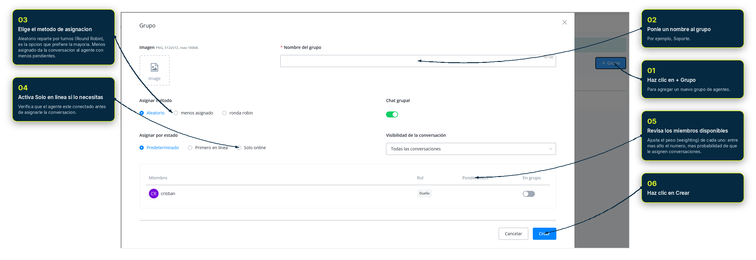Configuración de un nuevo Grupo de agentes: nombre, método de asignación y peso