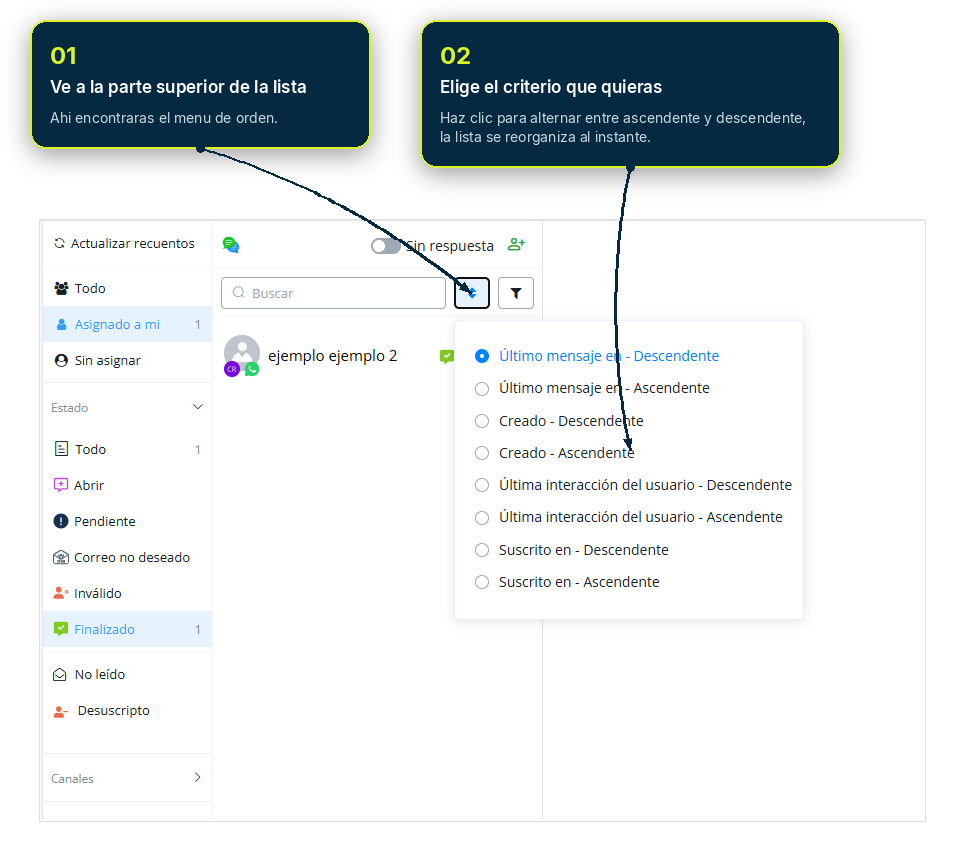 Menú de orden en la parte superior de la lista de suscriptores