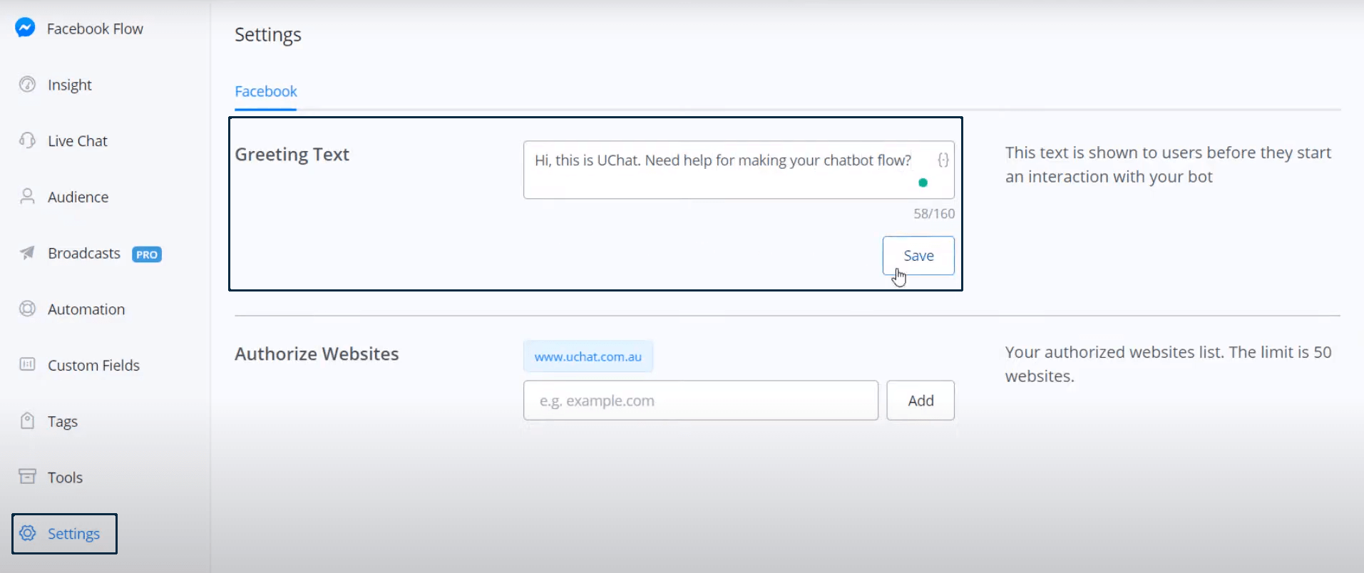 Configuración del texto de saludo