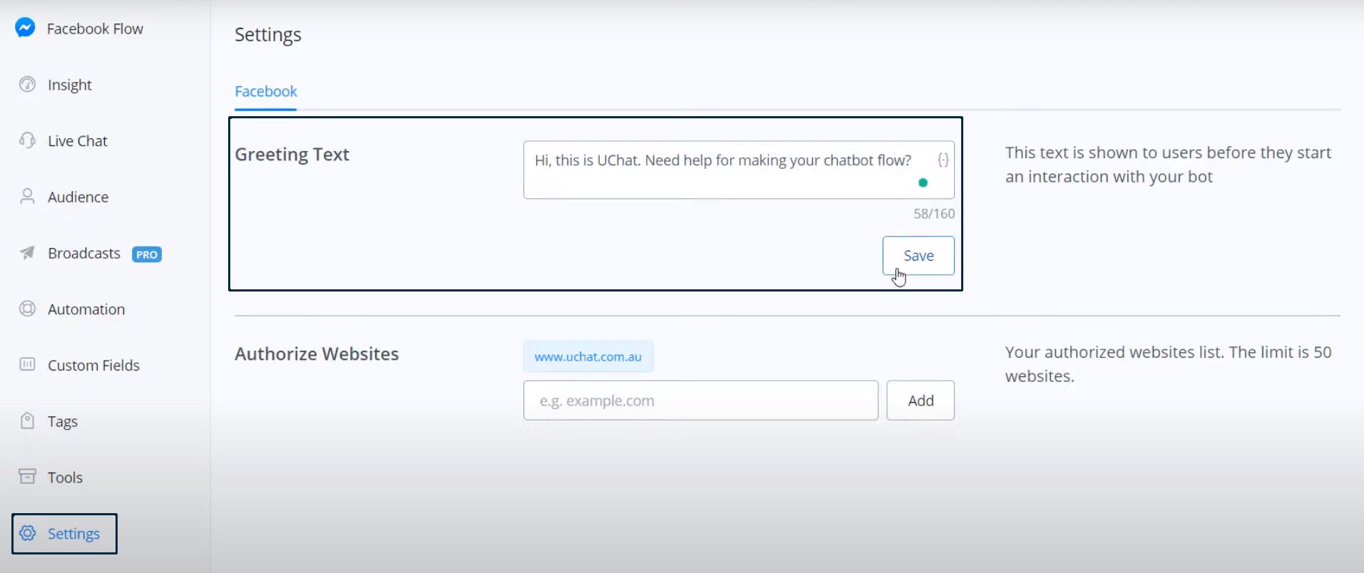 Configuración del texto de saludo