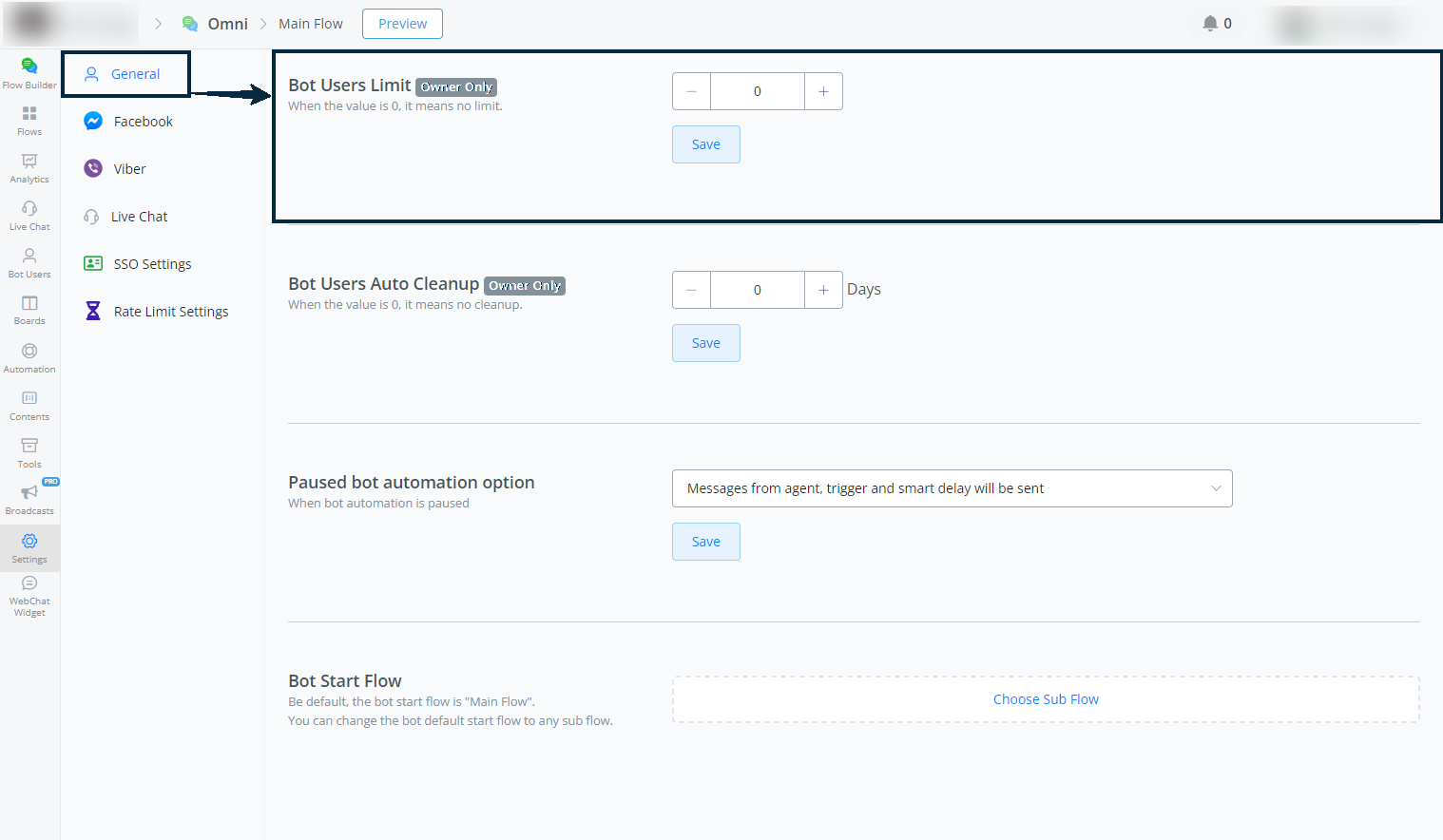 Configuración del límite de usuarios del bot