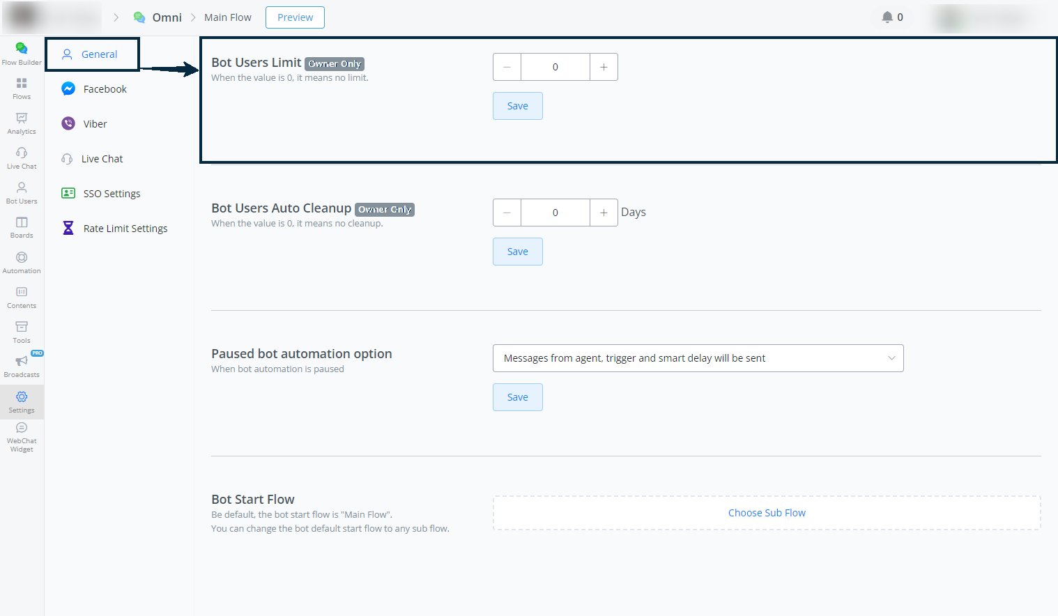 Configuración del límite de usuarios del bot