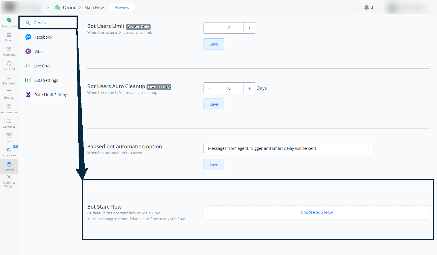 Configuración del flujo de inicio del bot