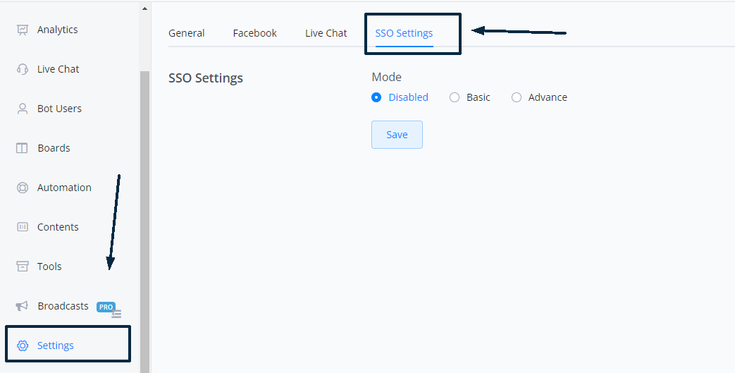 Opción SSO Settings en Configuración