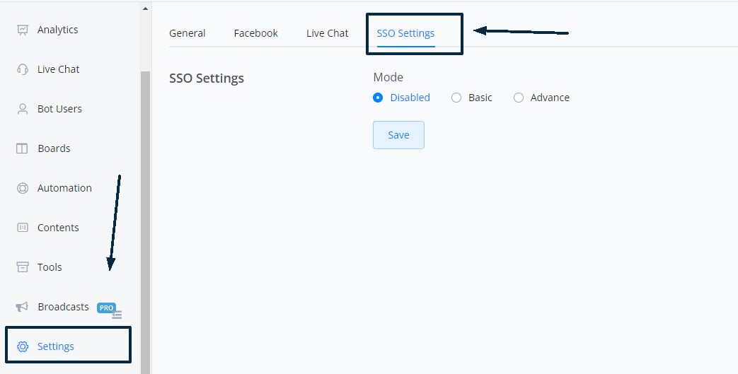 Opción SSO Settings en Configuración