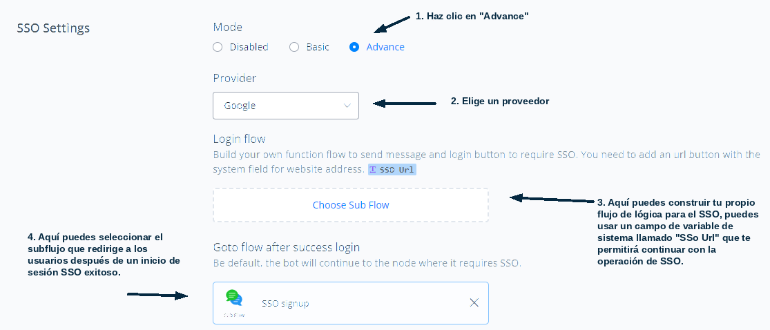 Ajustes avanzados de SSO con la variable SSO Url