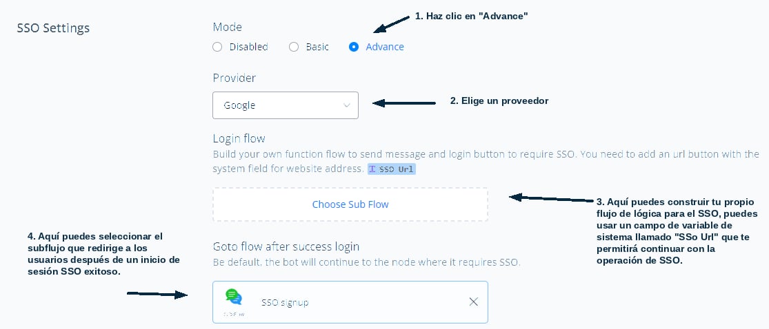 Ajustes avanzados de SSO con la variable SSO Url