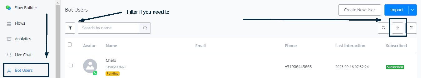 Ícono de descarga en la pestaña de usuarios del bot