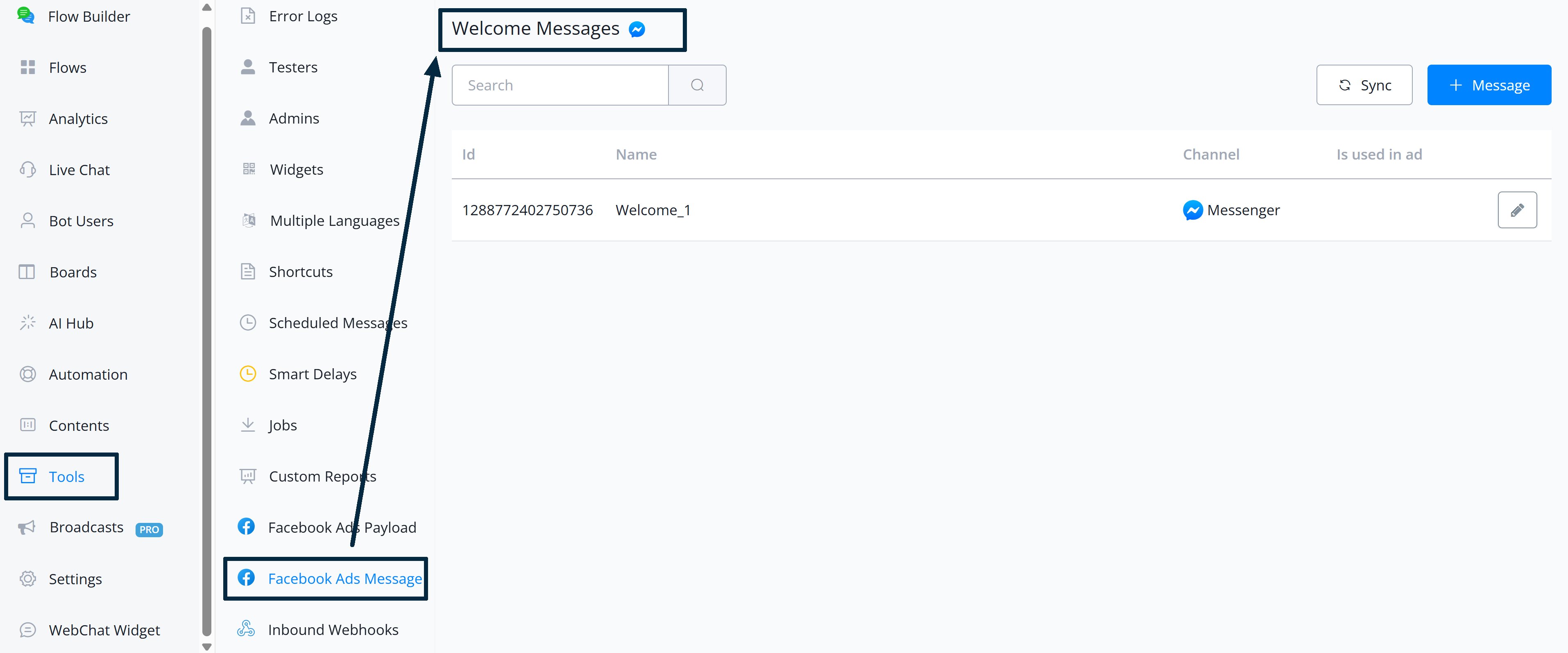 Facebook Ad Messaging → Welcome Messages