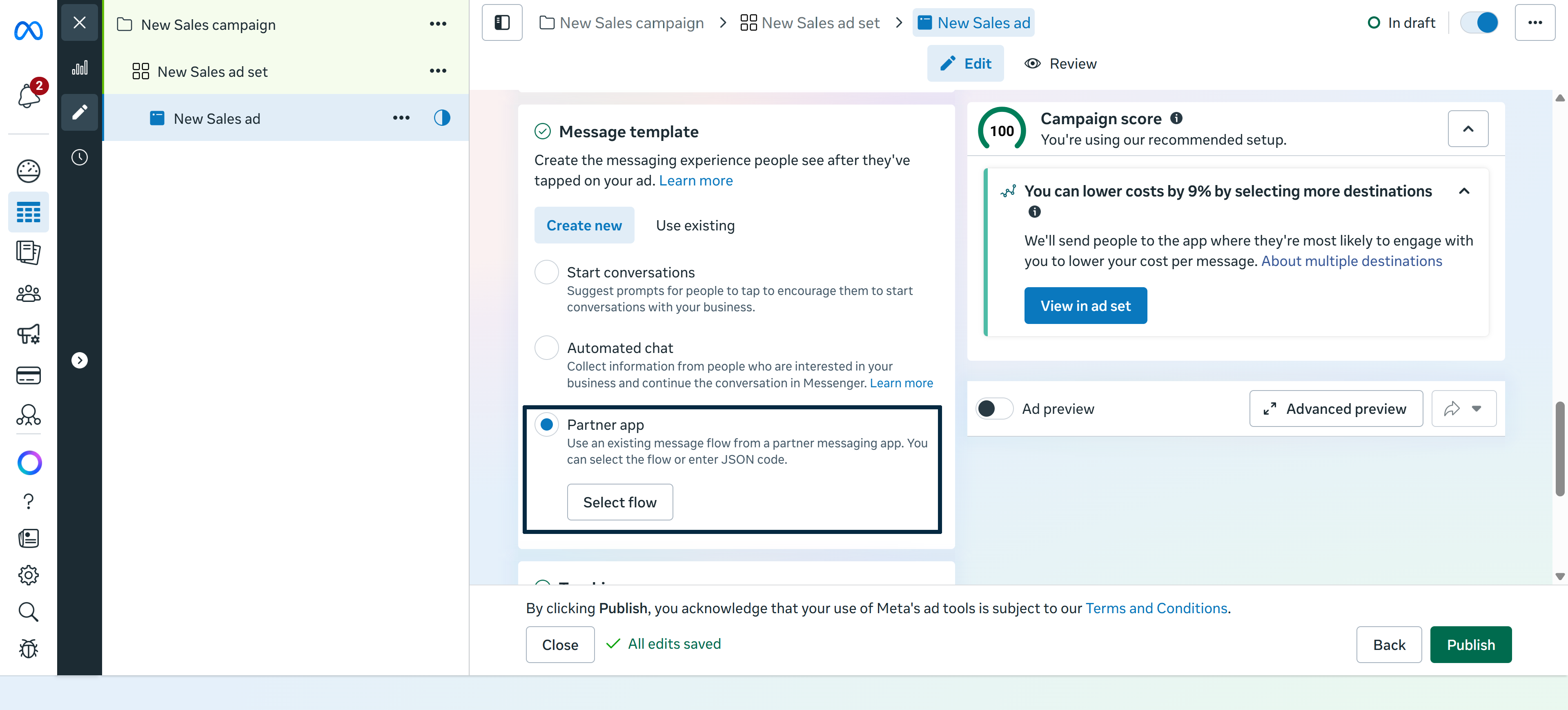 Partner App → Select Flow en Messaging Template