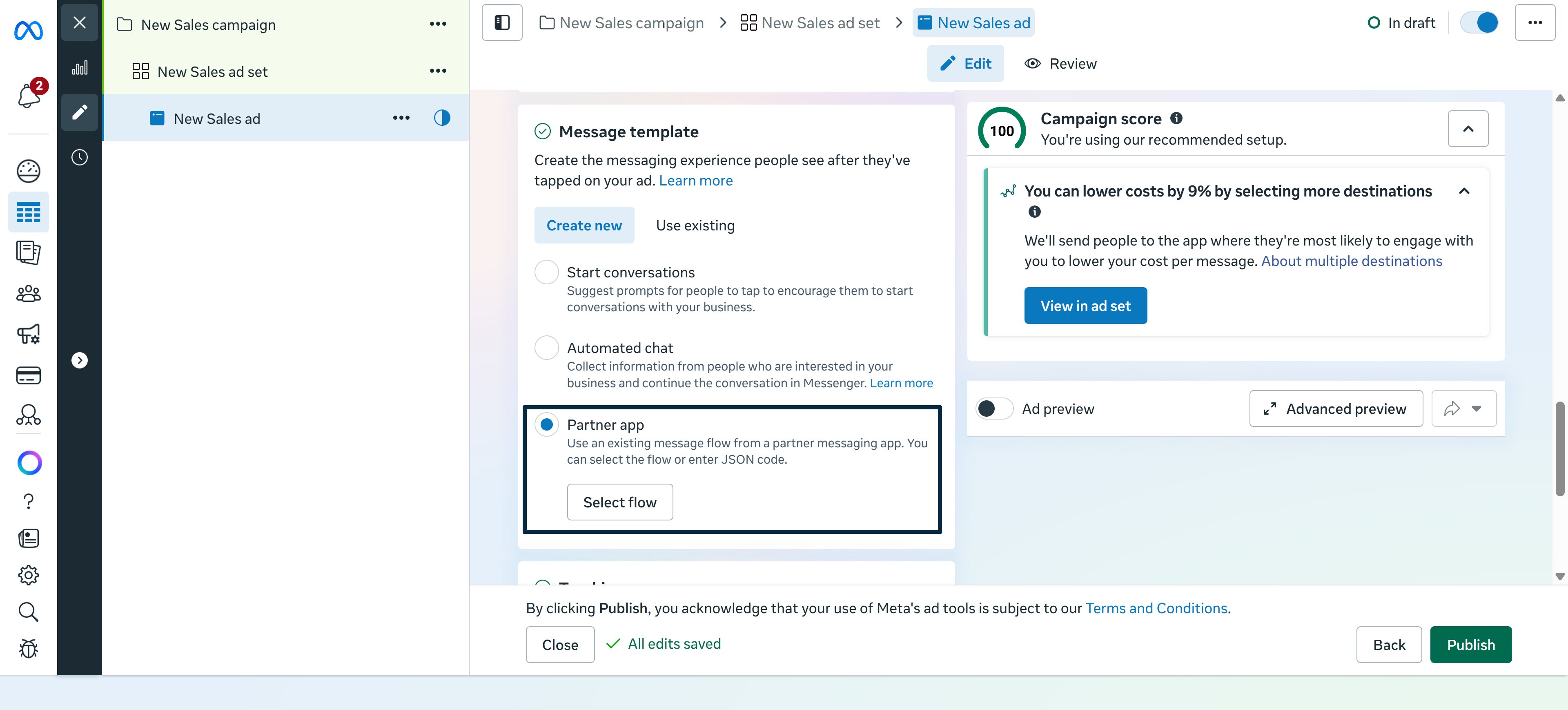 Partner App → Select Flow en Messaging Template
