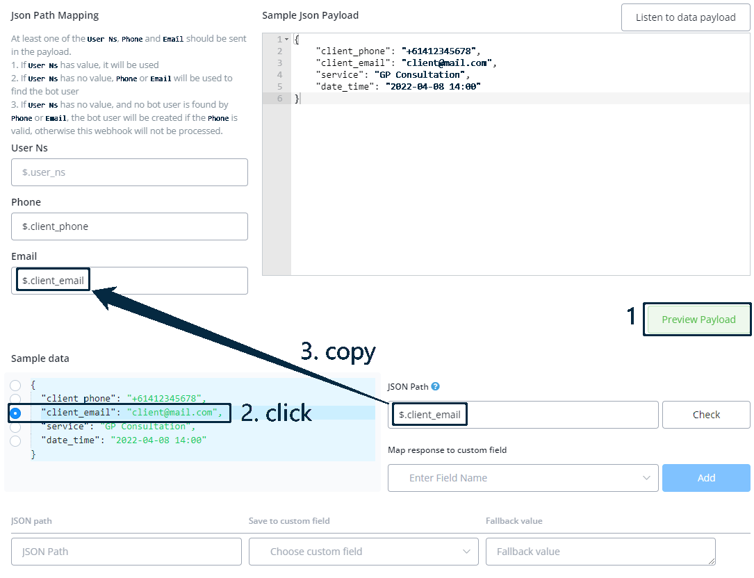 Indicar phone y email en el JSON