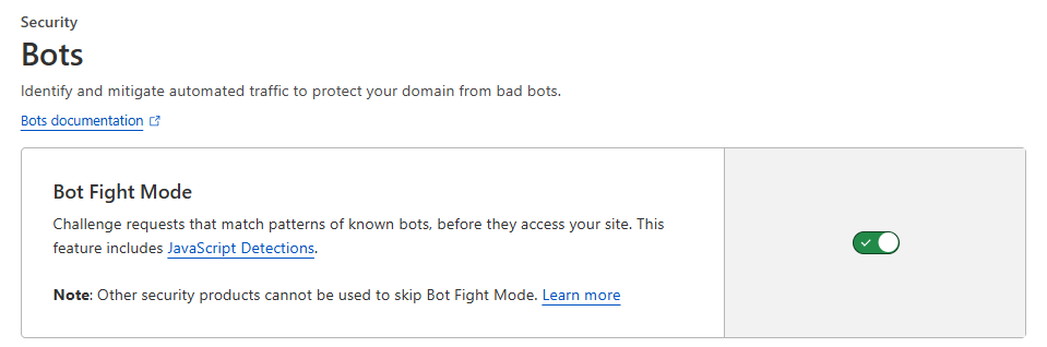 Desactivar Bot Fight Mode en Cloudflare