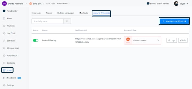 Sección Webhooks entrantes en Herramientas
