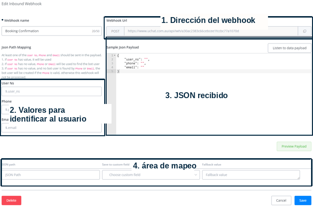 Interfaz de edición del webhook entrante