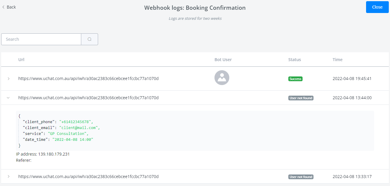 Registros del webhook entrante