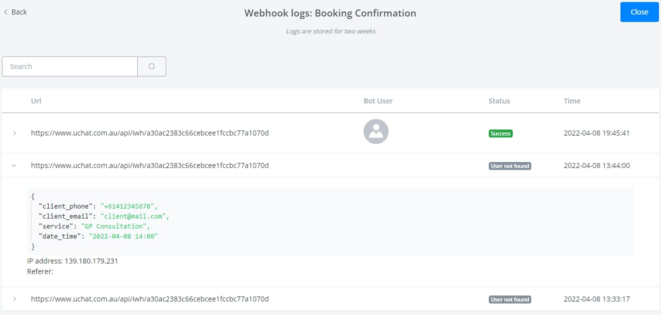 Registros del webhook entrante
