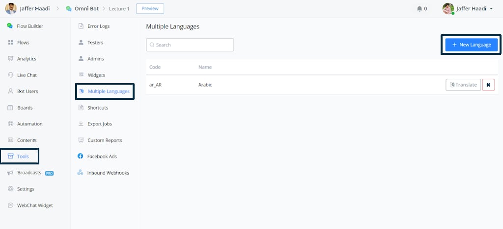 Sección Múltiples idiomas en Herramientas